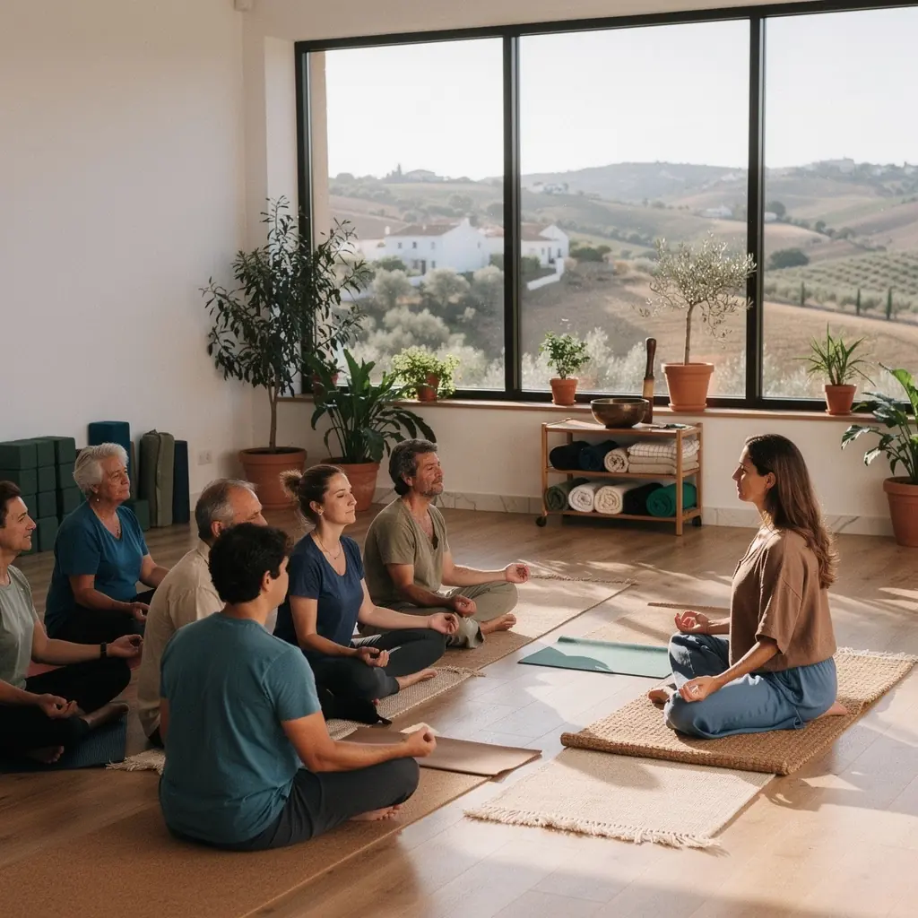 Una mujer meditando en un paisaje tranquilo con vistas a las montañas.