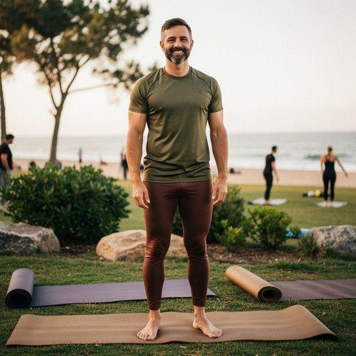 Un grupo de personas practicando yoga en un parque al aire libre rodeados de naturaleza.