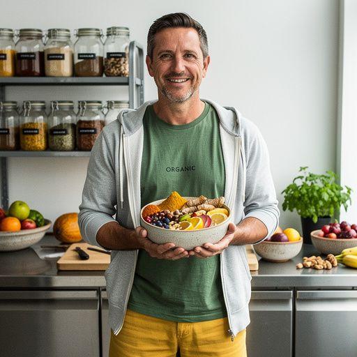 Un recipiente de cúrcuma natural junto a botellas de agua y equipo de entrenamiento en un gimnasio.