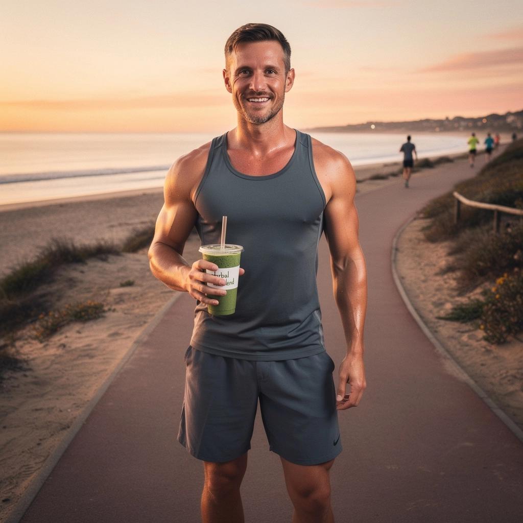 Una mujer sonriendo mientras realiza ejercicios de estiramiento en una colchoneta de yoga en la playa.